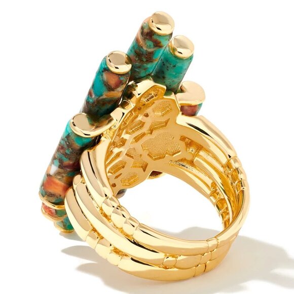 New Ember Gold Cocktail Ring in Bronze Veined Turquoise Magnesite Red Oyster - Picture 2 of 3